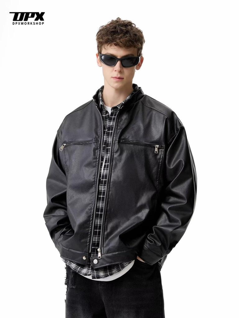 Men's Retro High-End Leather Motorcycle Jacket with Stand Collar - Loose Fit, Plus Size, Fashionable Casual Outerwear.