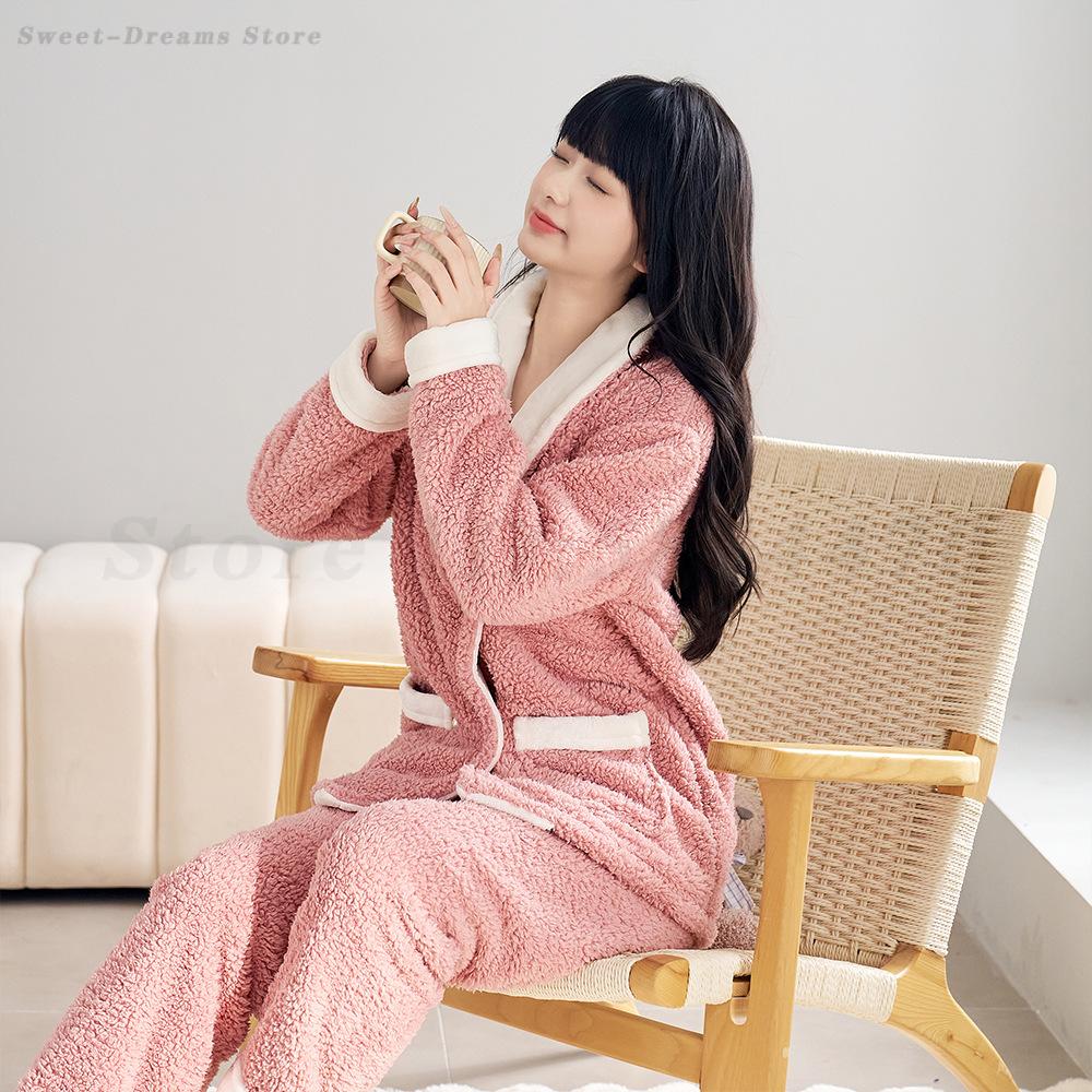 Female Sweet 2PCS Pajamas Set Autumn Winter Coral Fleece Sleepwear Trousers Pijamas Suit Thickened Warm Homewear Lounge Wear