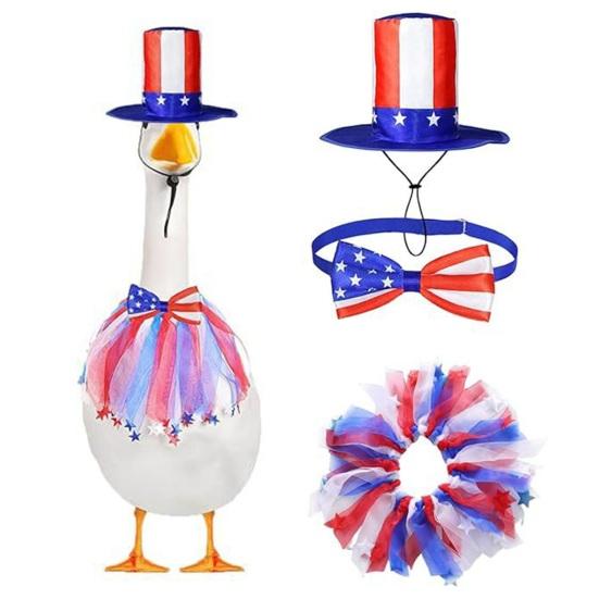 1 Set July 4th Goose Outfits, Patriotic Porch Goose Costume, Independence Day Apparel, Stars Stripes Hat Bow Tie for Lawn 23 Inch Goose Statue