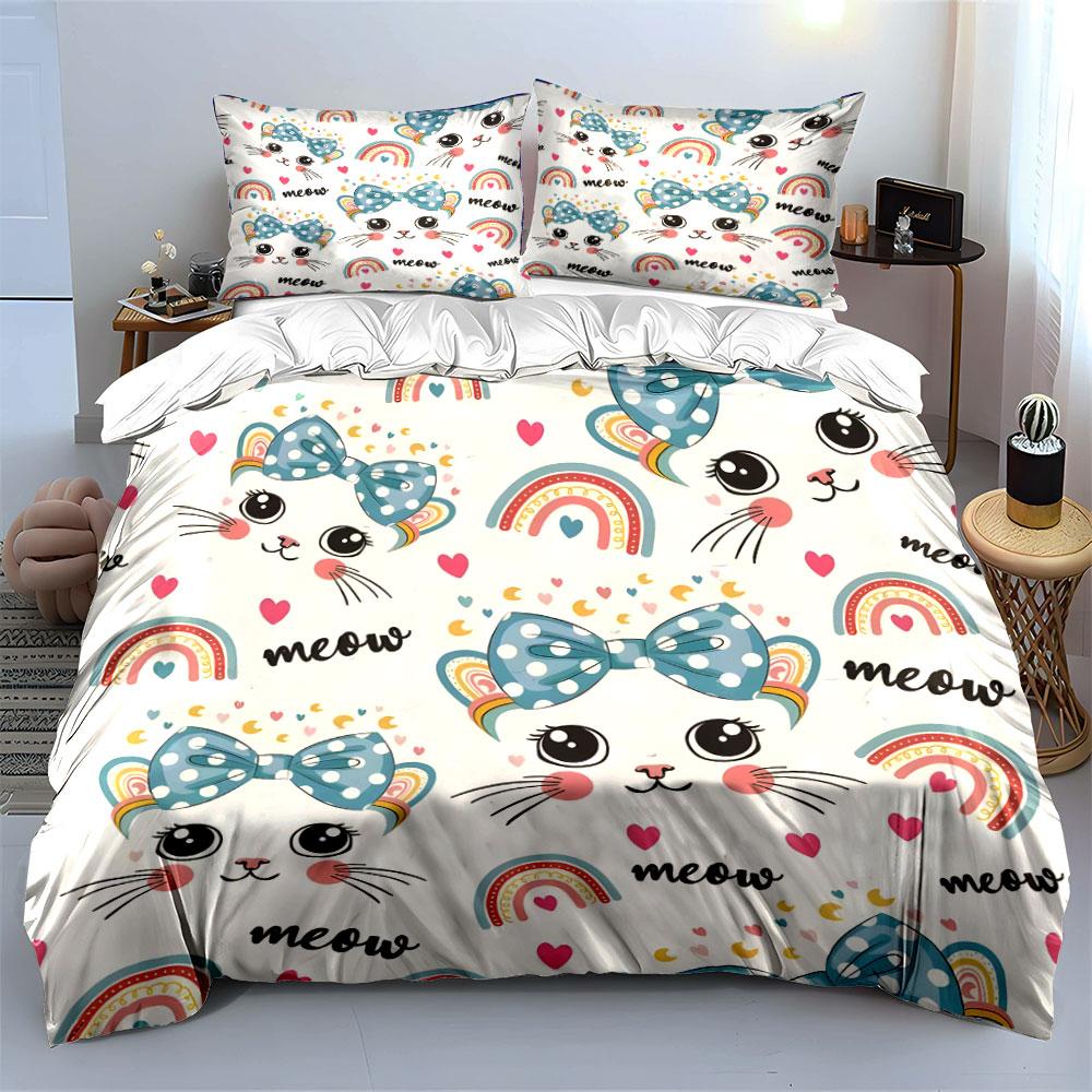 Cartoon Cat And Rainbow Pattern Print Bedding Set 1 Duvet Cover 2 Pillowcases For Adult And Children Luxury Gift Full Size