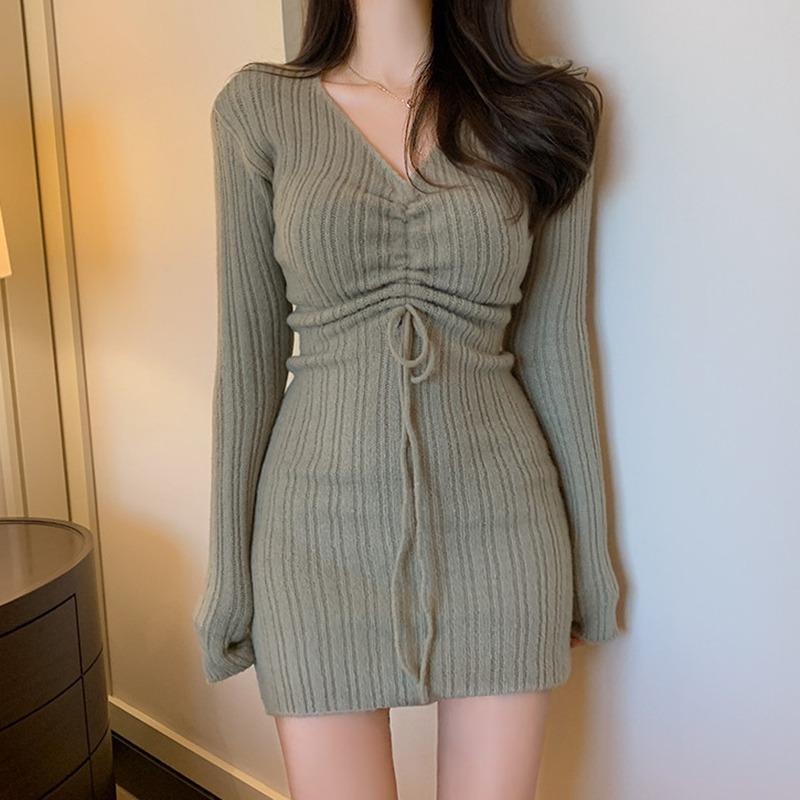 

Тонкое трикотажное платье женское с длинными рукавами на бедрах однотонное облегающее женское облегающее платье One Size