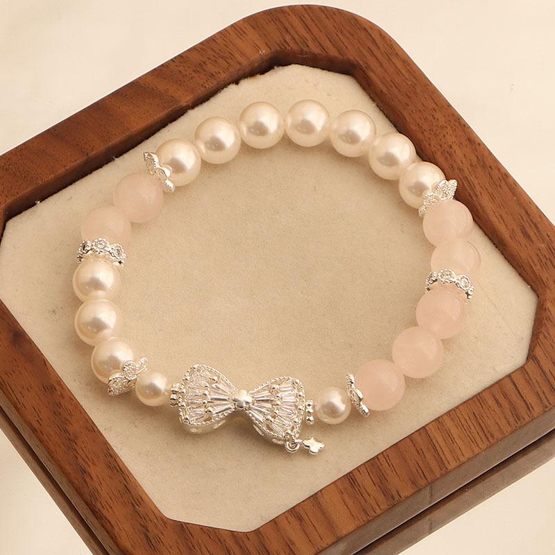 Natural pink crystal bow bracelet, noble powder crystal zircon bracelet, gift live stream of the same style.