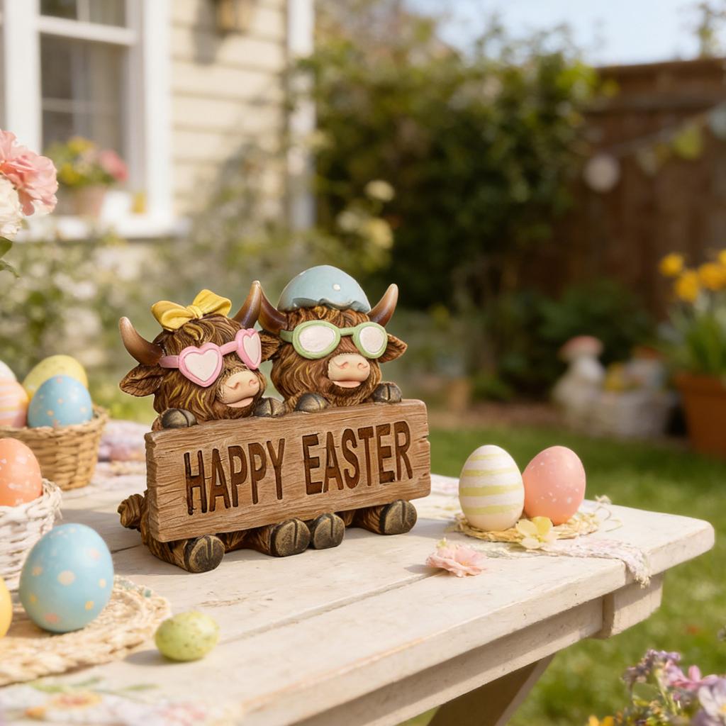 Påskko-figur, skotsk hartsskulptur, en present till kalvälskare, vårhem, kök, flerskiktad bricka för bordsdekoration.