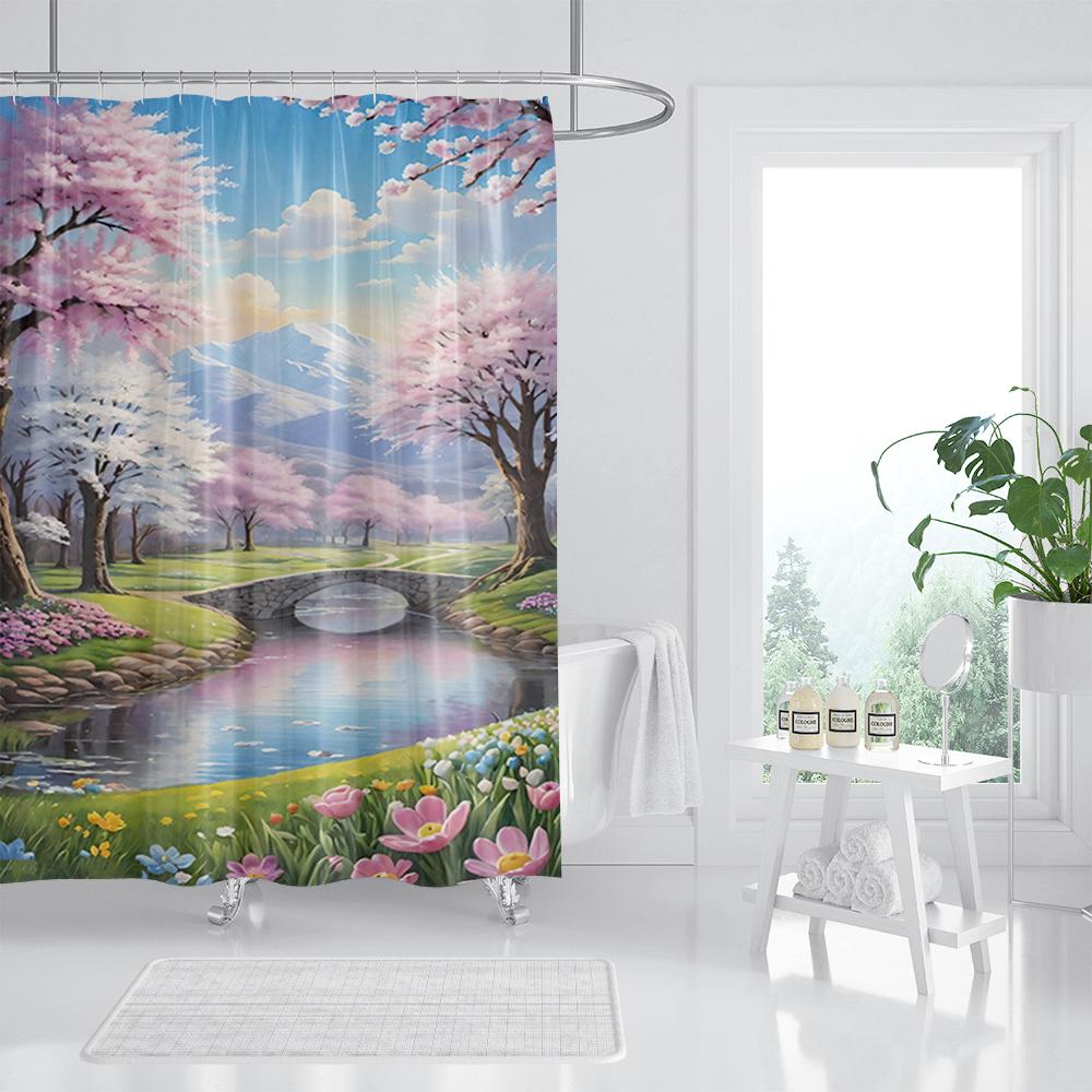 Waterproof Fabric 3D Shower Curtain Bathroom Curtain Pink Tree Landscape Polyester Bath Curtain Decorate With Hooks Cortina