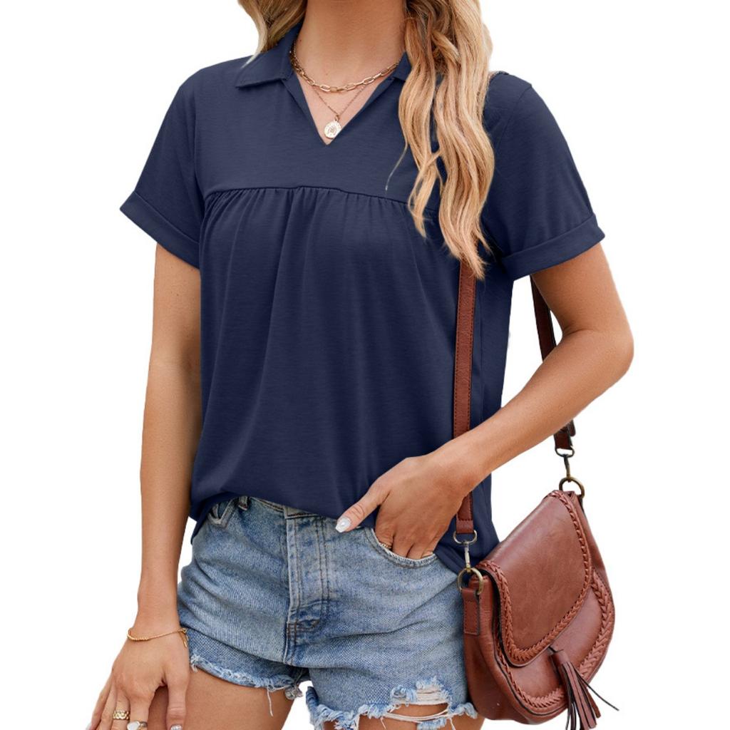 Summer Women's Solid Color Pleated Loose Short-sleeve Polo T-shirt Top, Cross-border European American Casual Apparel In Stock
