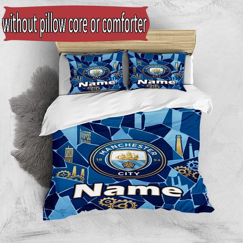 3pcs Duvet Cover Set (1*Duvet Cover + 2*Pillowcase, Without Core), Custom Name Manchester City Pattern Bedding Set, Home Bedroom Decor Gift