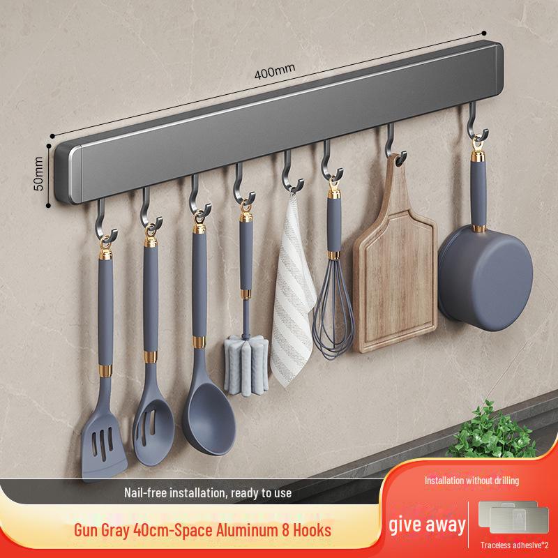 Seamless Kitchen Hook Rack: Punch-Free Space Aluminum Hanging Rod for Spatula & Spoon