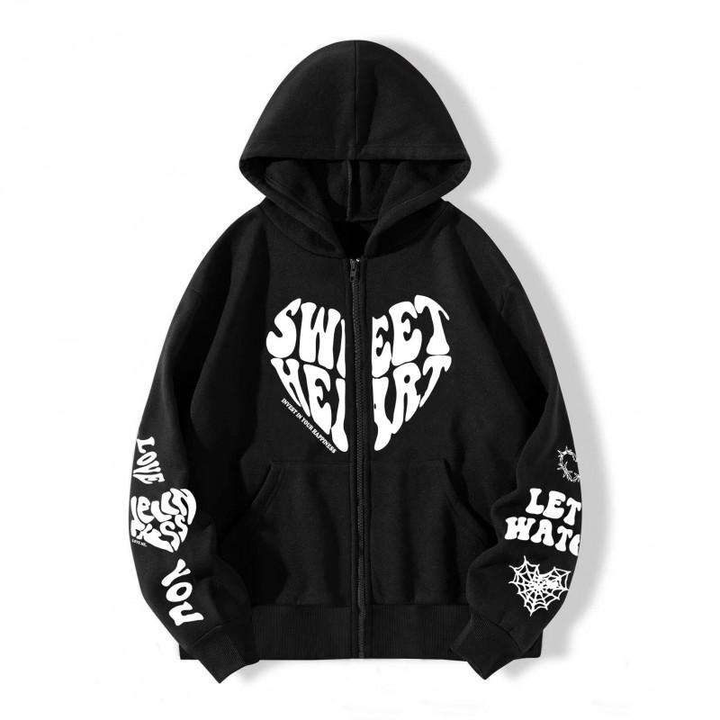 Fleece Y2K Letter Heart Print Oversized Zip Hoodie With Pocket Men Women