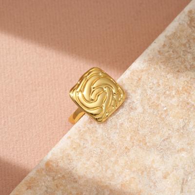 Golden Plated Abstract Swirl Embossed Square Open Adjustable Ring for Women Modern Art Statement Jewelry Gift