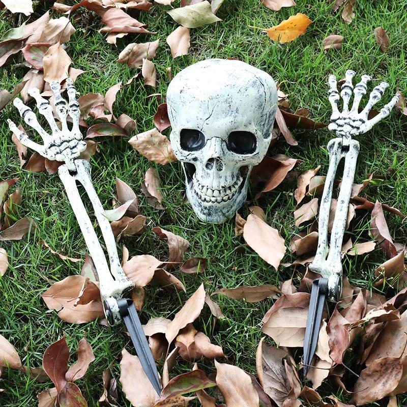 Realistic Skeleton Stakes with Crow and Red Eyes Zombie Hands and Skull Set for Graveyard Yard Lawn Garden Decoration
