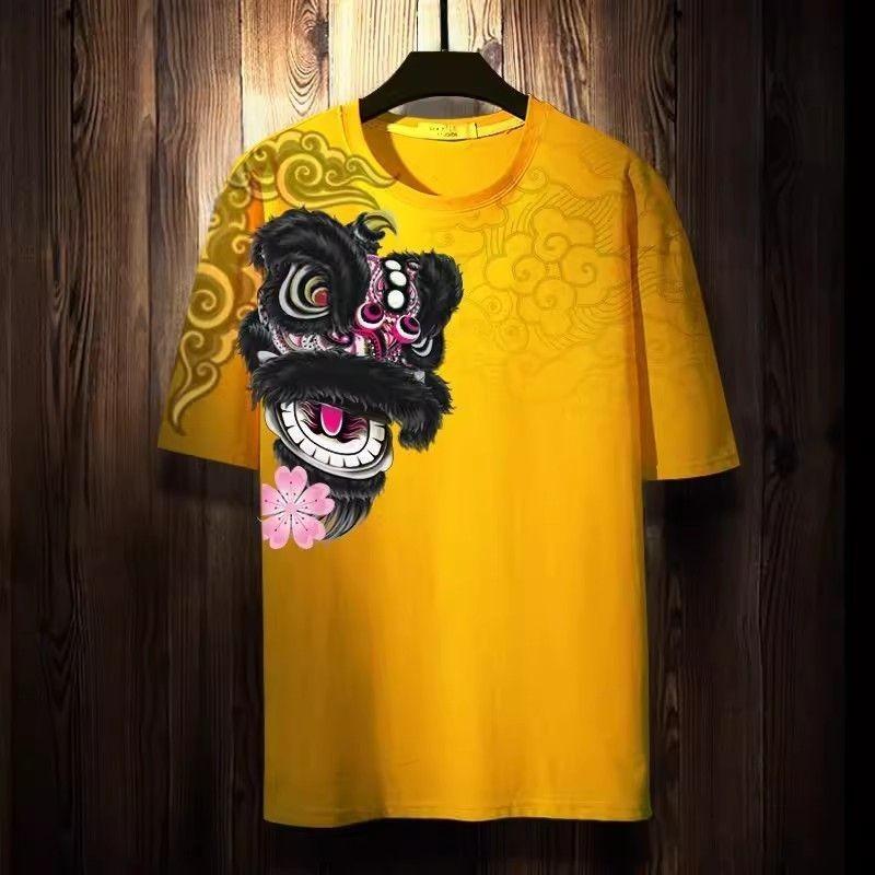 New Chinese style fashionable T-shirt 3D pattern lion dance print short sleeved summer loose breathable plus size top