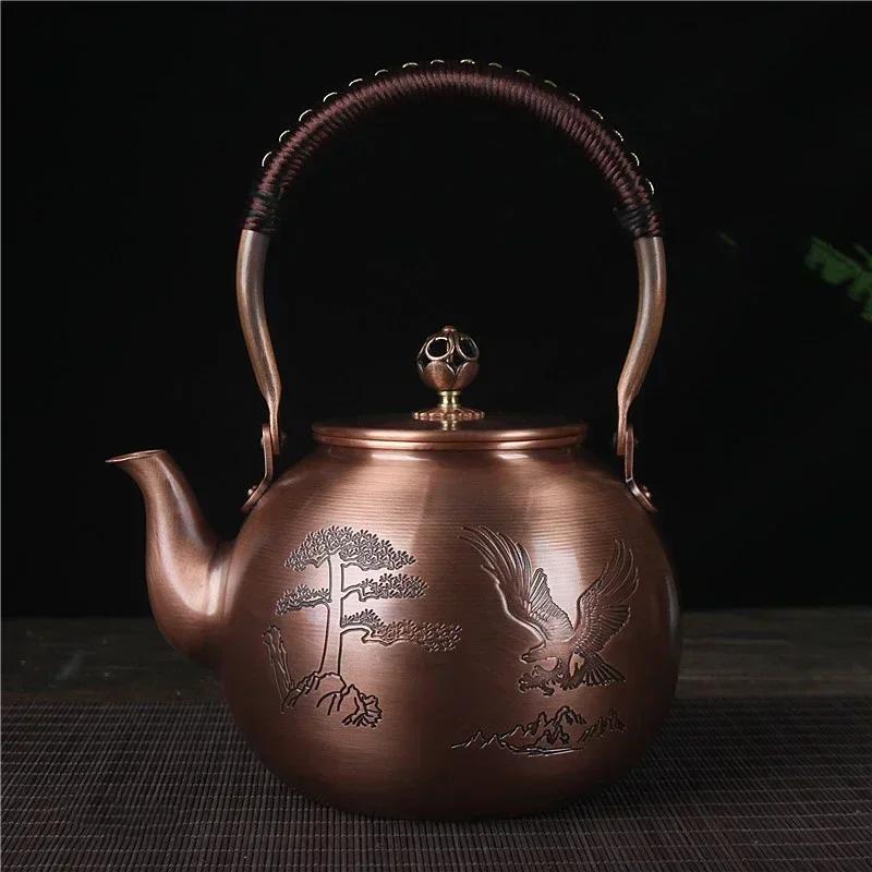 1600ML Antique Pure Copper Teapot Health Boiling Water Pot Handmade Carved Pot Red Copper Tea Set