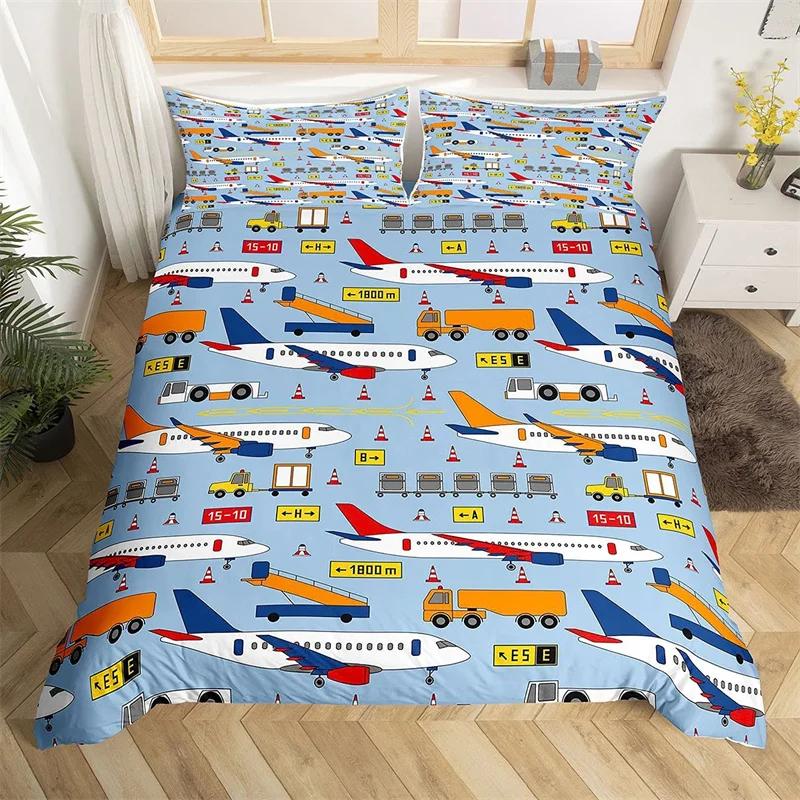Aircraft Queen Duvet Cover Set Cartoon Airplane Bedding Set Polyester Clouds Stars Moon Print Comforter Cover For Kids Boys Room