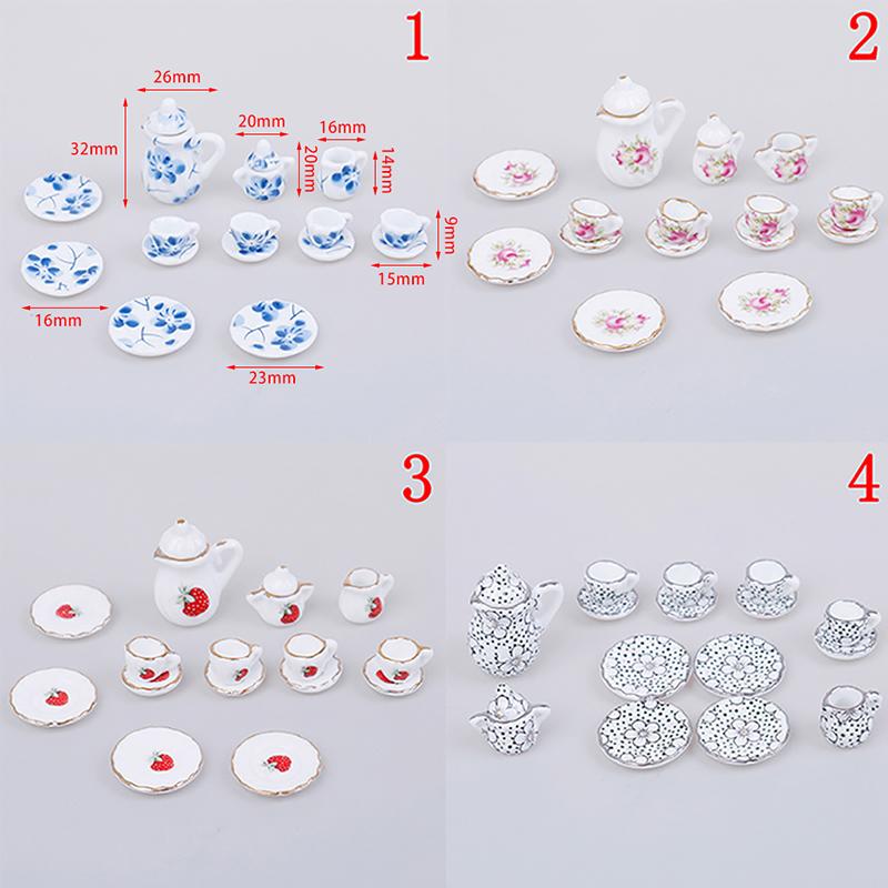 15Pcs 1:12 Miniature Porcelain Tea Cup Set Chintz Flower Tableware Kitchen Dollhouse Furniture Toys For Children Teapot DIY Toys