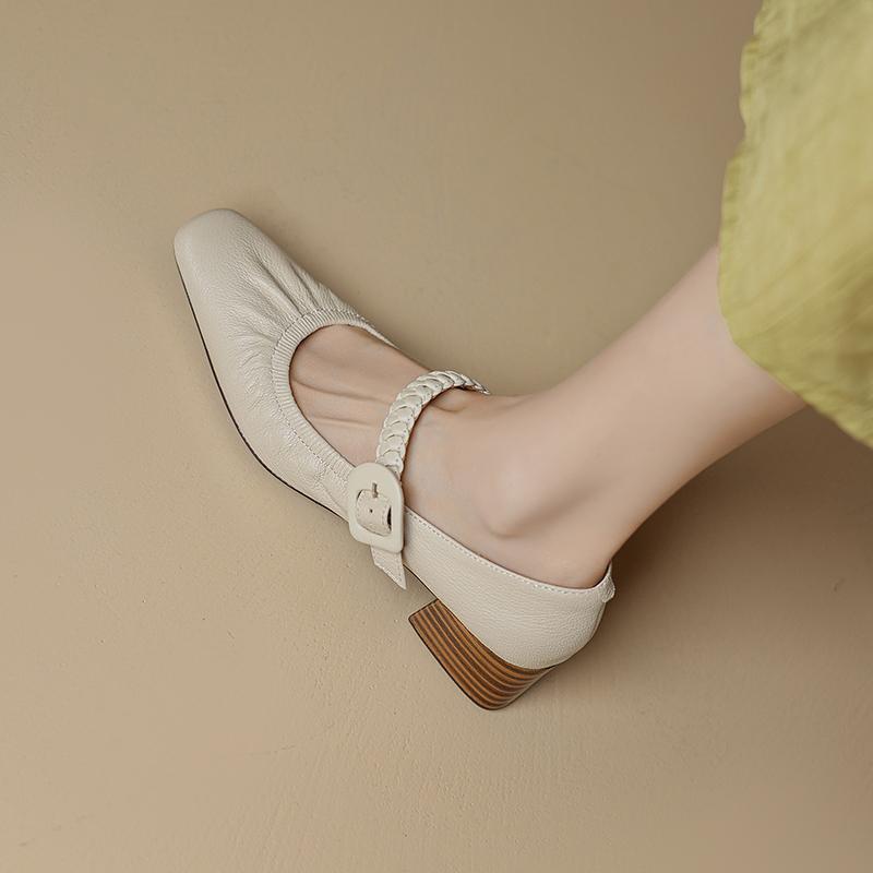 Fashion Casual Sneakers Woman Genuine Leather Apricot Square-toed Single-bar Buckle Soft Sole Low-cut Mary Jane High Heel for Spring