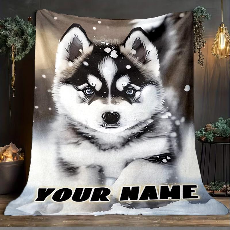 1PC Custom Name Winter Husky Paws outdooor Flannel blankets Throw Blanket All-Season Throw Gift Bedspread for Couch, Bed, Camping Holiday Birthda