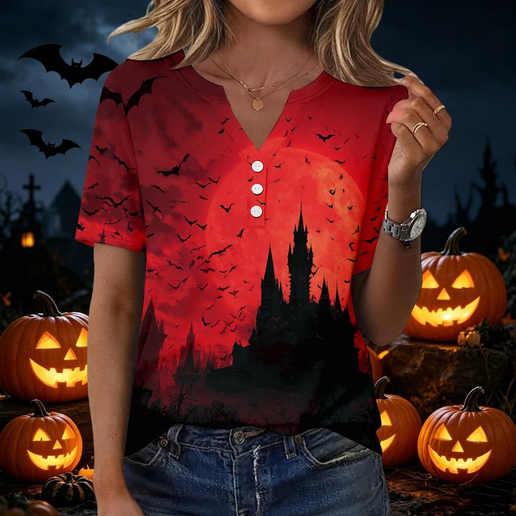 Women's Casual Halloween Print V Neck Short Sleeve Button Down T Shirt