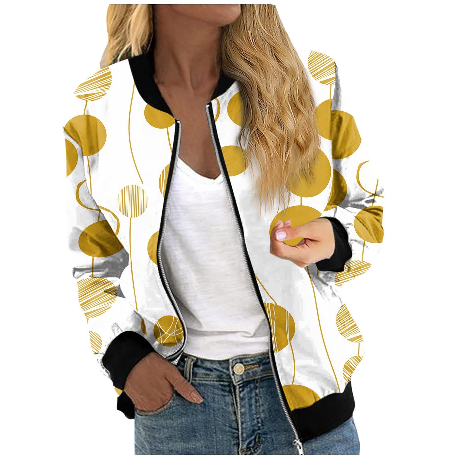 

Жіночі куртки з довгими рукавами, легкі, укорочені модні верхній одяг із принтом, повсякденні стьобані куртки з кишенями M жовтий