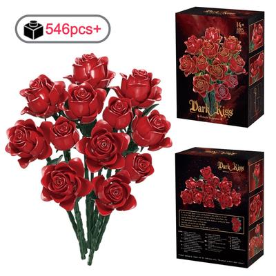 NEW Red Rose Flower Bouquet Building Blocks Romantic Valentines Day Gift for Women DIY Creative Desktop Home Decor Model Kit