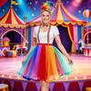 Clown Costume Set for Women Halloween Costume Circus Outfit Rainbow Tutus Skirt Feather Headband Socks Suspenders Bowtie
