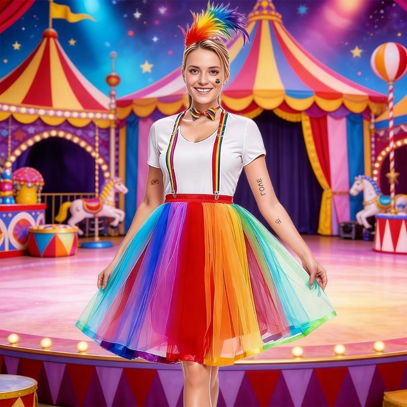 Clown Costume Set for Women Halloween Costume Circus Outfit Rainbow Tutus Skirt Feather Headband Socks Suspenders Bowtie