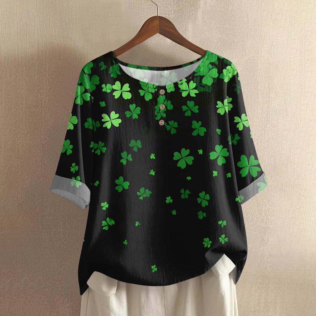 Women's Fashionable And Casual Shirt 3/4 Sleeve Round Neck Print Blouse Top