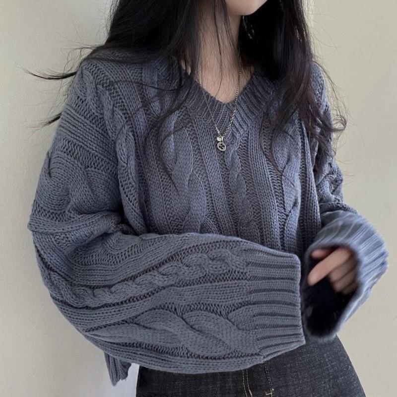 Chic Retro Cable V Neck Pullover Long Sleeve Sweater Women Autumn Winter Loose Crop Lazy Style Knit Top