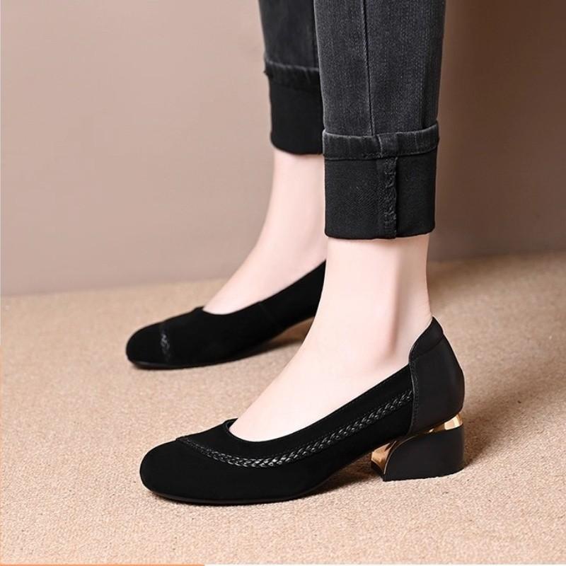 

Мягкая кожа мягкая подошва весна и осень новая ретро круглая голова тканые мелкий вырез туфли-лодочки женские мягкая подошва низкий каблук универсальные 40 чёрный