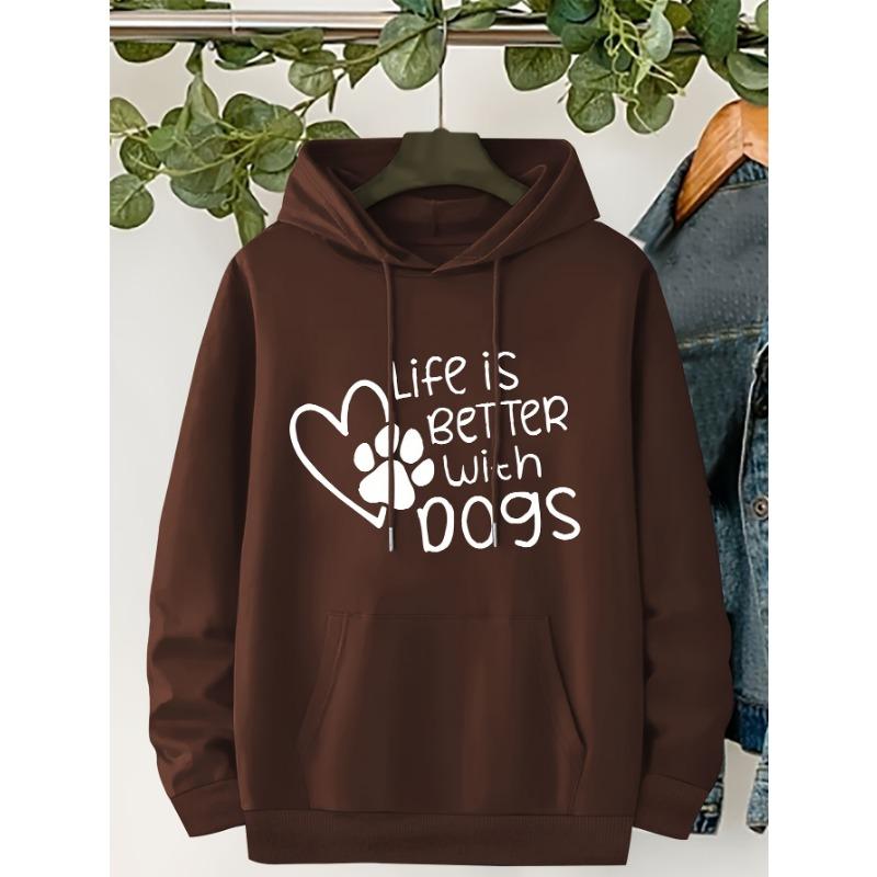Casual "Life Is Better With Dogs" Pattern Drawstring Hooded Long Sleeve Kangaroo Pocket Sweatshirt For Fall & Winter
