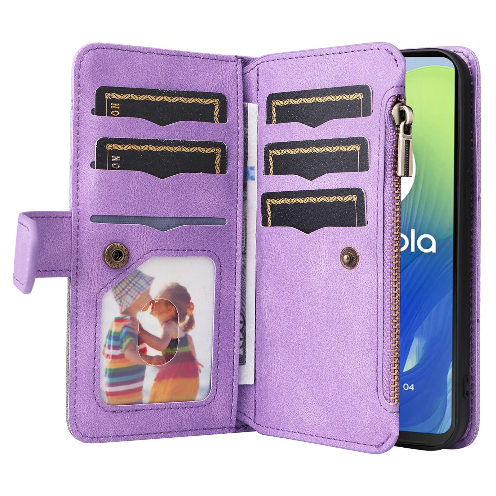 

For Motorola Moto G04 4G/G24 4G/G04s 4G/E14 4G Leather Case with Strap Zipper 9 Card Slot Phone Cover Stand Light Purple