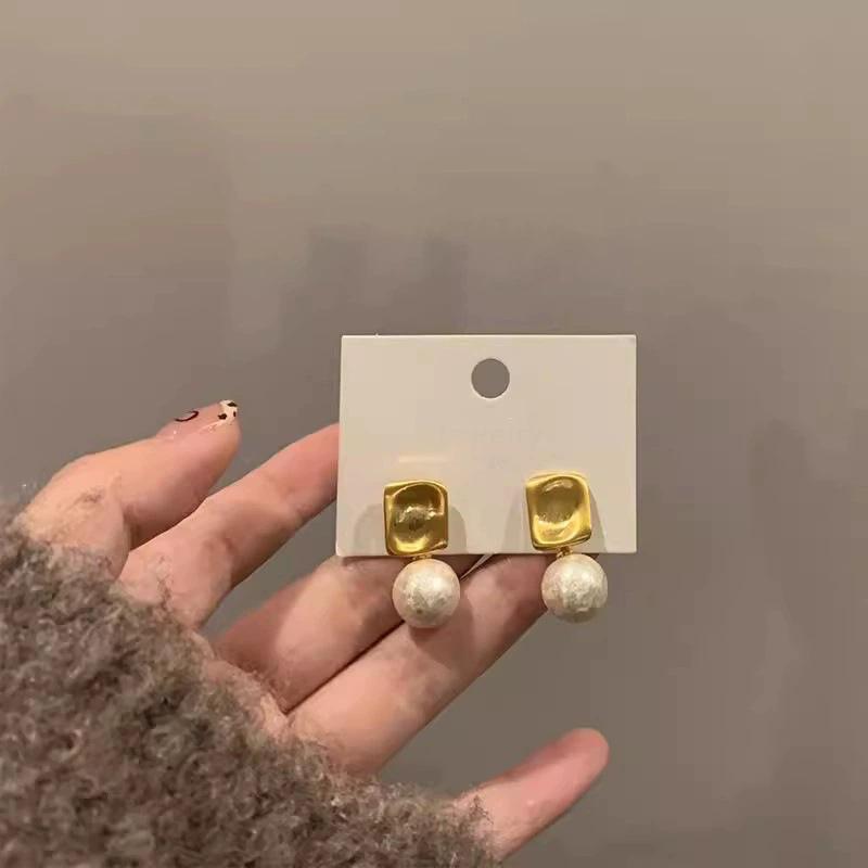 Hong Kong style square pearl pendant earrings women s niche stud earrings simple temperament earrings