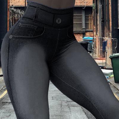 Pantalones de Yoga Cintura Alta Tejido Elástico Ajuste Adelgazante Textura Imitación Denim Pantalones de Ejercicio Leggings de Entrenamiento Versátiles