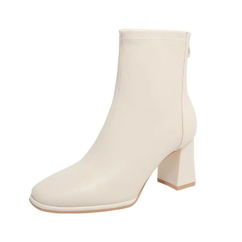

Giant Skinny! Skinny Boots~ Thick Heel White Ankle Boots Women s French Short Boots Square Head High Heel Elastic Boots Women s 34