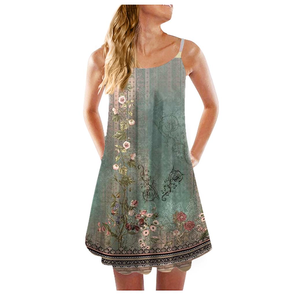 Women's Fashion Summer Casual Vest Sleeveless Retro Florwer Print Loose Tank Large Beach Dress
