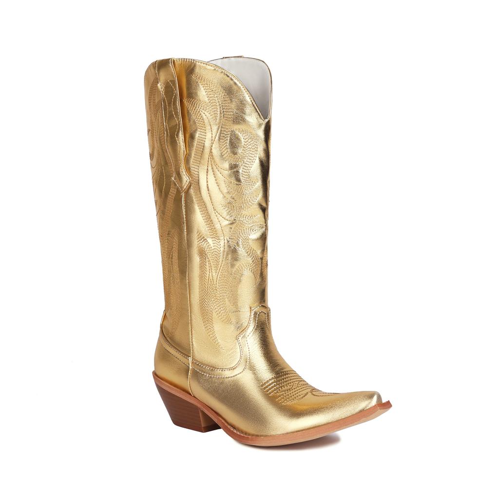 Fashion IPPEUM Silver Metallic Cowboy Boots Knee High Embroider Chunky Heel  Cowgirl Shoes Mid Calf Western Botas Cowboy Mujer