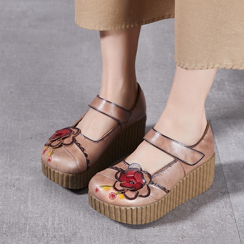 Fashion GKTINOO Retro Pumps Women Shoes Genuine Leather Hook & Loop 2025 New Spring Round Toe Floral Handmade Concise Platform Shoes
