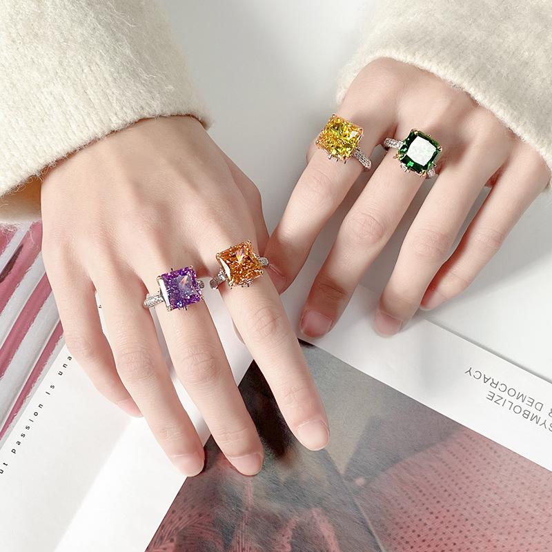 Jewelry Copper Bottom Gold-Plated High Carbon Diamond Ice Flower Square Diamond Copper Inlaid Princess Square Light Luxury Ring Female 12 * 12