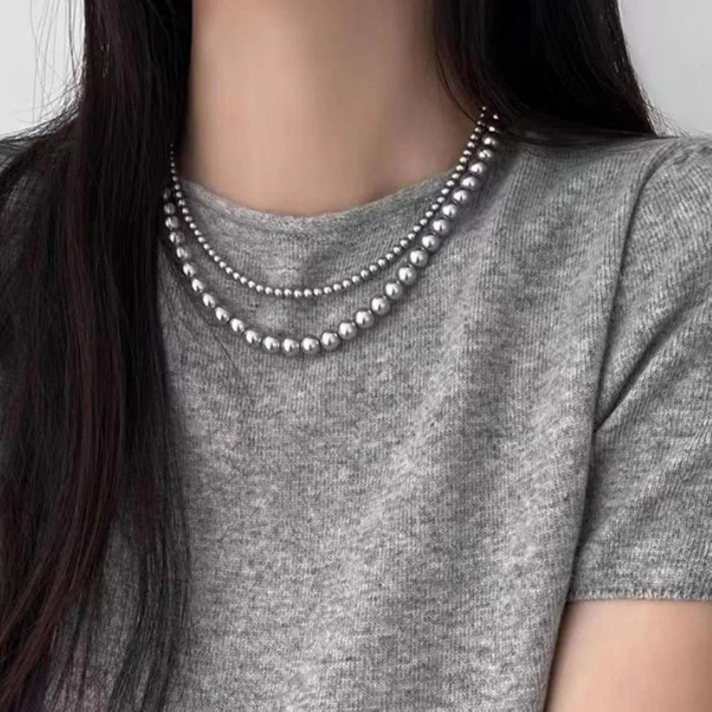 Temperament Gray Pearl Beaded Necklace for Women Retro Light Luxury Fashion 2026 New Sweater Chokers Chain Jewelry Accessories