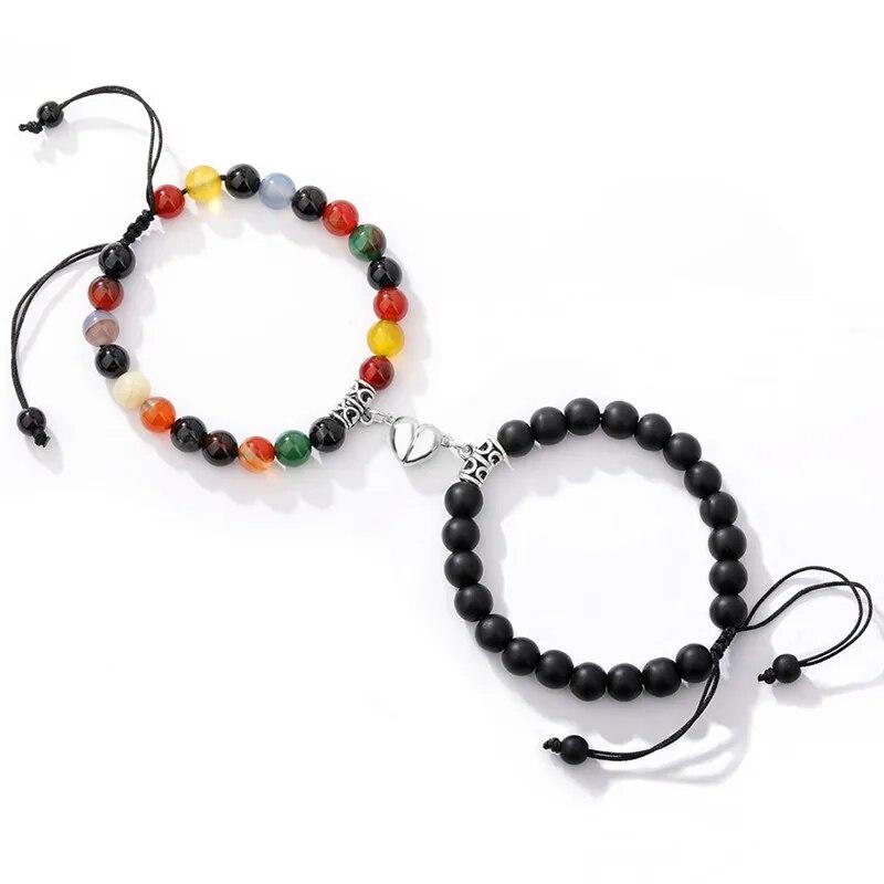 Trendy Couple 2Pcs/Set Natural Stone Beads Love Heart Magnetic Bracelet For Women Men Charm Peach Beaded Bracelets Jewelry Gifts