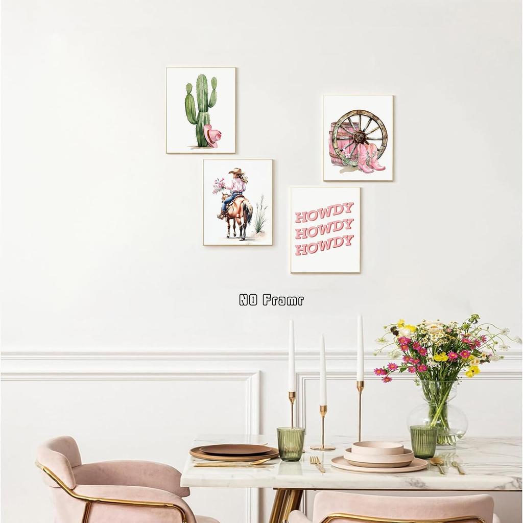 Western Cowgirl Canvas Wall Art, Watercolor Pink Cowboy Hat Cactus Desert Wall Art Prints for Cowgirl Nursery Kids Room Girls Room Dorm Decor Set of