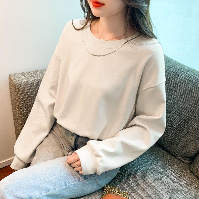 

Весенние и осенние футболки, женские корейские модные повседневные свободные футболки с длинными рукавами, однотонные простые футболки с круглым вырезом, одежда 29051 L абрикосовый