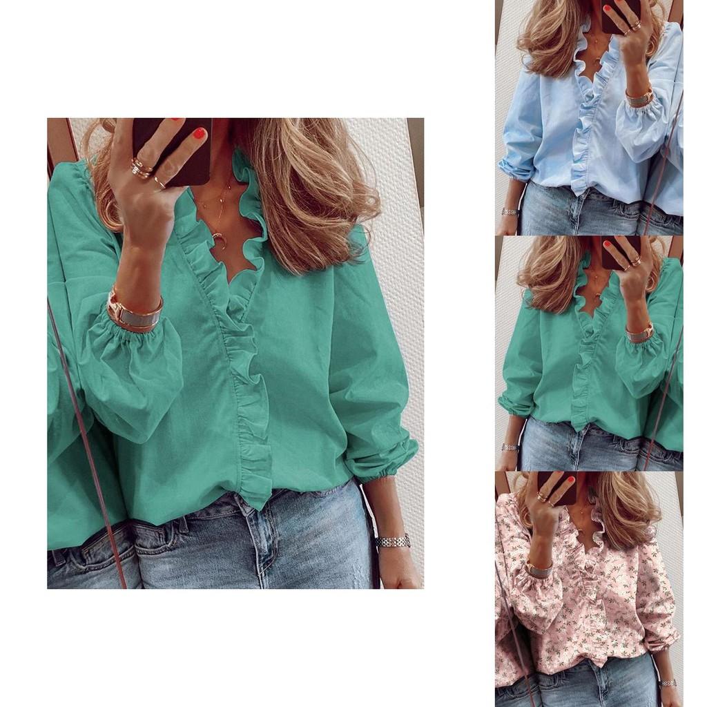 Elegant Womens Long Sleeve Shirts Blouse With Ruffle V Neck And Plus Size Options