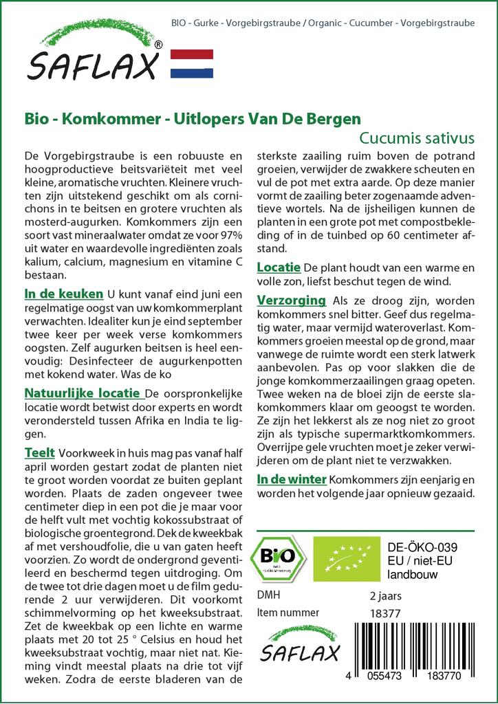 SAFLAX Garden in the Bag - Bio - Okurka - Vorgebirgstraube - 15 semen - Se substrátem v padnoucím sáčku - Cucumis sativus