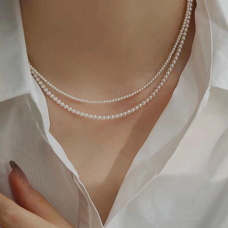 4/6Mm Glass Pearl Double Necklace Women's Fashion Neck Chain Sweater Chain Imitation Pearl Bridal Collarbone Chain