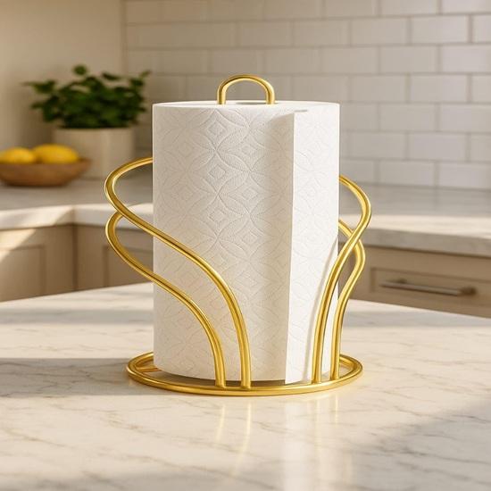 Gold Metal Tissue Roll Holder for Kitchen Paper Towel Holder Stand for Countertop, Dining Table Bathroom Premium Modern Napkin Holder for Home Décor