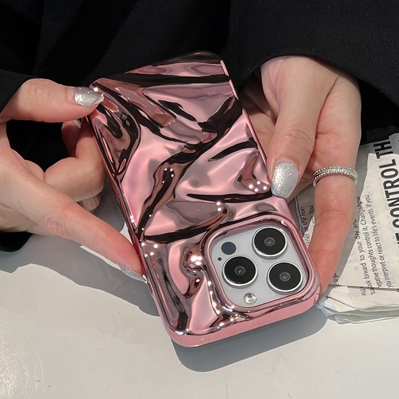 Electroplate Pink Wrinkle Wave Pattern Glossy Case For iPhone 17 Air 16 15 14 13 12 11 Pro Max Bright Back Cover