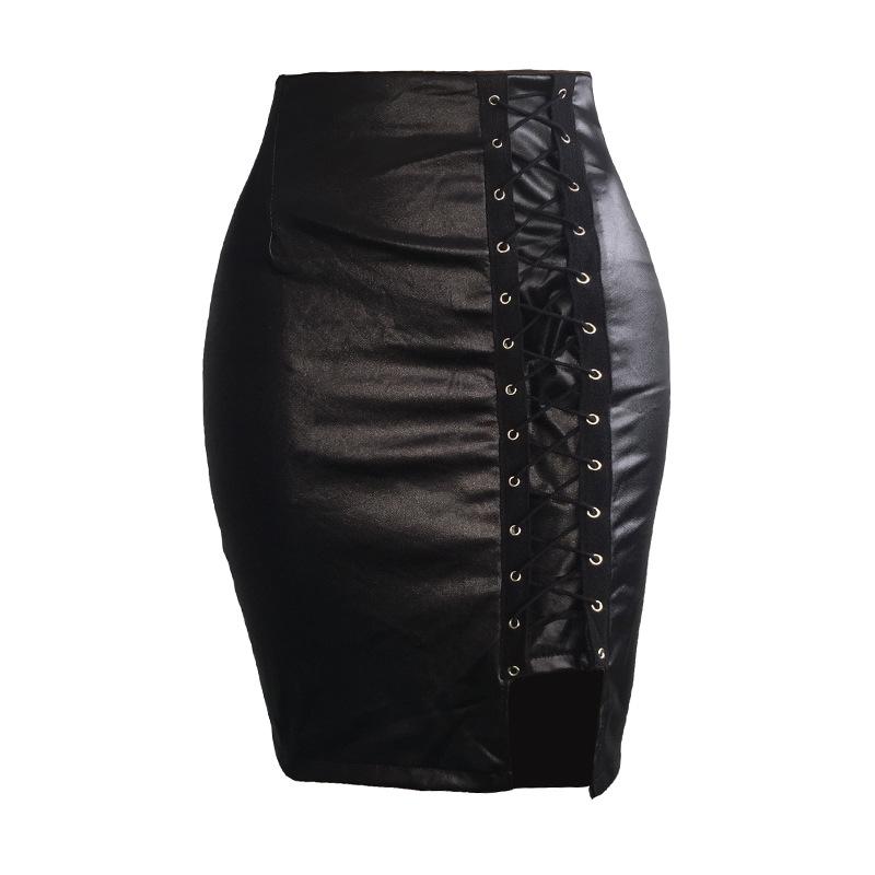 European and American Women's Black Faux PU Leather High Waist Eyelet Midi Skirt