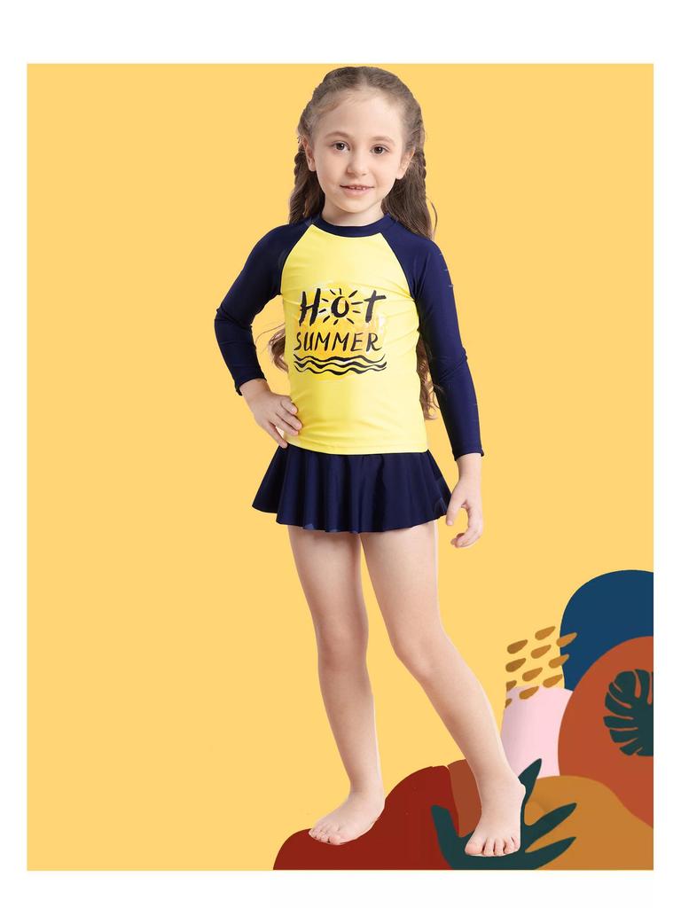 Girls' Long-Sleeved Split Swimsuit with Letter Print & Short Skirt - 2025 Collection