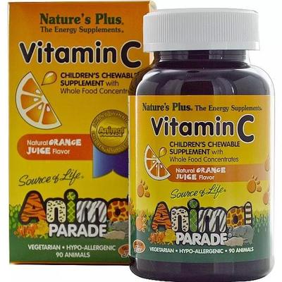 Fonte da Vida, Desfile de Animais, Vitamina C, Suplemento Mastigável Infantil, Sabor Natural de Suco de Laranja, 90 Animais
