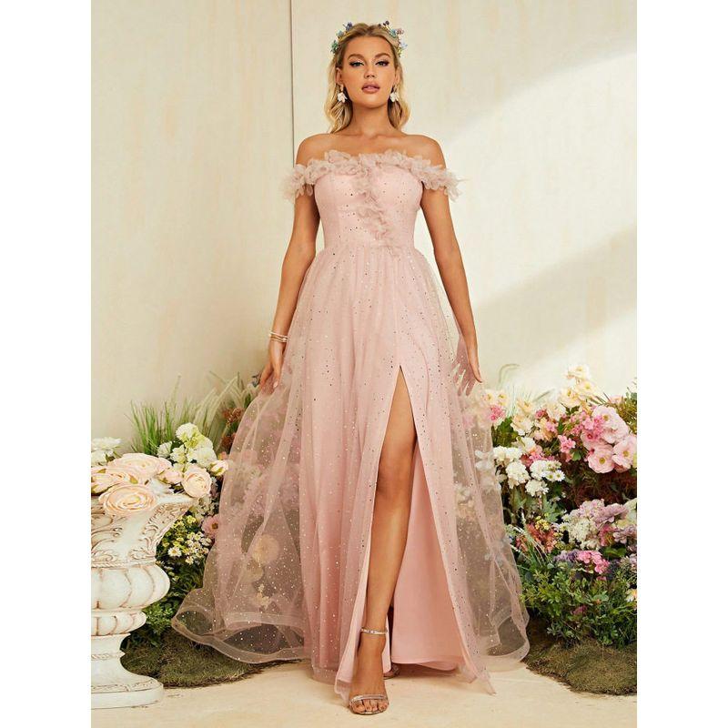 

New High-End Pink French-Style Evening Gown with Off-The-Shoulder Design, Adult Ceremony Dress, Birthday Dress Light Pink S